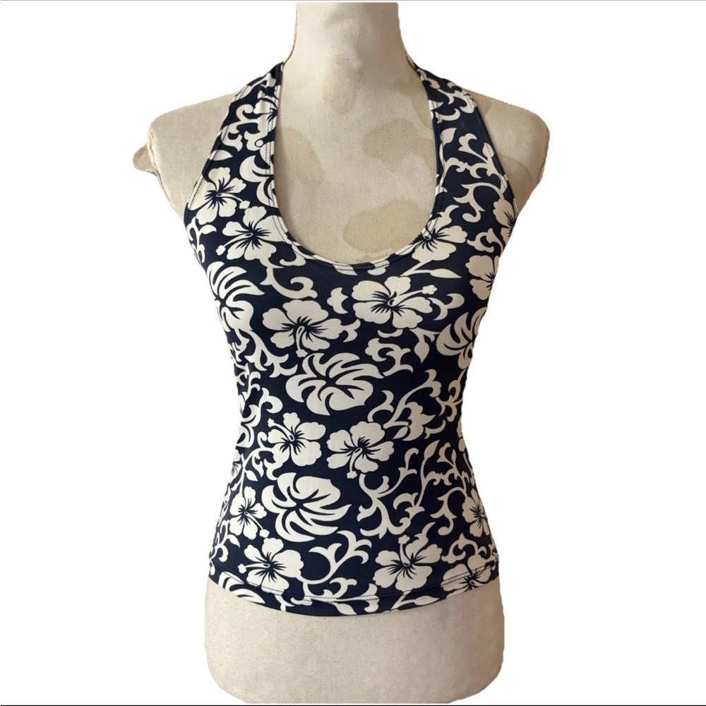 Vtg Y2K E.X.I.T Blue Hawaii Floral Print Halter Tie Top Womens Juniors Sz M
